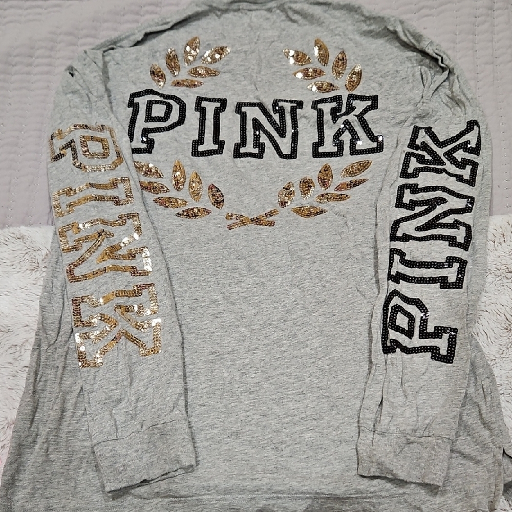 PINK Victoria's Secret Gray and Gold Long Sleeve Top
